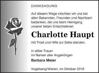 Traueranzeige von Charlotte Haupt von Haff-Zeitung