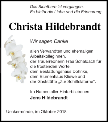 Traueranzeige von Christa Hildebrandt von Haff-Zeitung