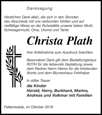 Traueranzeige von Christa Plath von Prenzlauer Zeitung