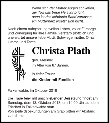 Traueranzeige von Christa Plath von Prenzlauer Zeitung