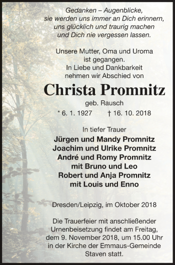 Traueranzeige von Christa Promnitz von Neubrandenburger Zeitung