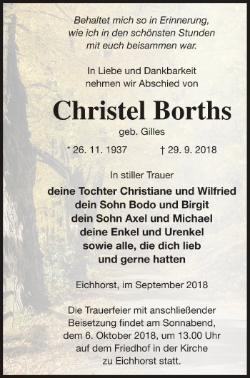 Traueranzeige von Christel Borths von Neubrandenburger Zeitung