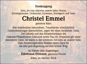 Traueranzeige von Christel Emmel von Vorpommern Kurier