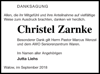 Traueranzeige von Christel Zarnke von Müritz-Zeitung