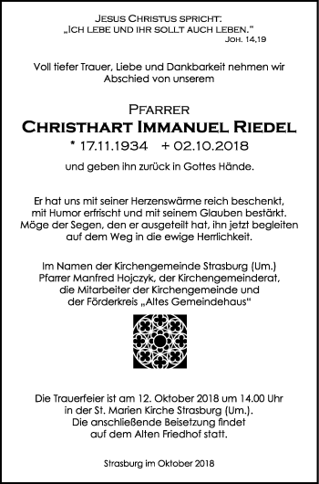 Traueranzeige von Christhart Immanuel Riedel von Pasewalker Zeitung