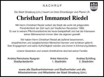 Traueranzeige von Christhart Immanuel Riedel von Pasewalker Zeitung