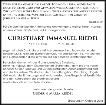 Traueranzeige von Christhart Immanuel Riedel von Pasewalker Zeitung