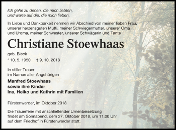 Traueranzeige von Christiane Stoewhaas von Prenzlauer Zeitung