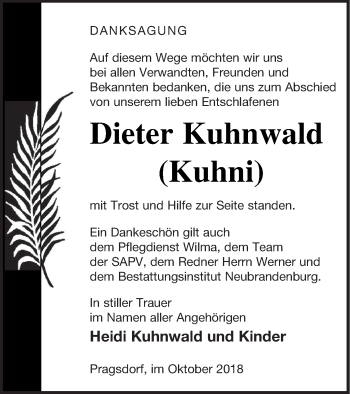 Traueranzeige von Dieter Kuhnwald von Neubrandenburger Zeitung