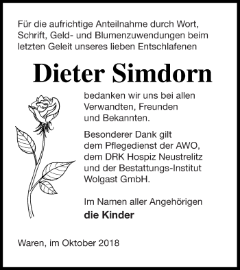 Traueranzeige von Dieter Simdorn von Müritz-Zeitung