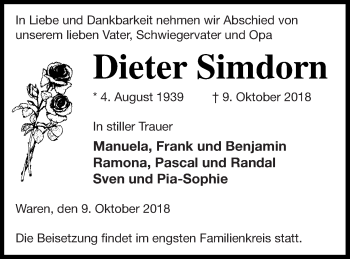 Traueranzeige von Dieter Simdorn von Müritz-Zeitung