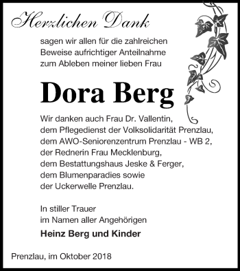 Traueranzeige von Dora Berg von Prenzlauer Zeitung