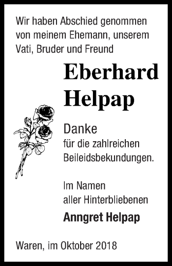 Traueranzeige von Eberhard Helpap von Müritz-Zeitung