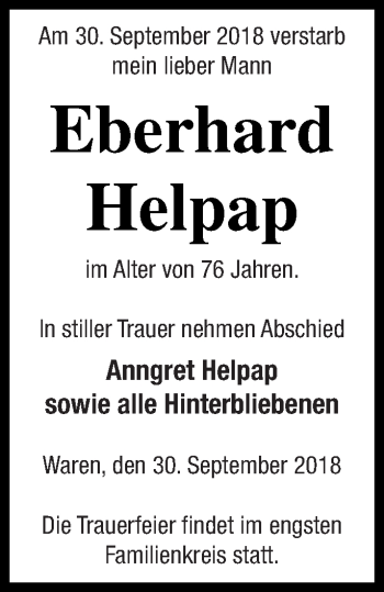 Traueranzeige von Eberhard Helpap von Müritz-Zeitung