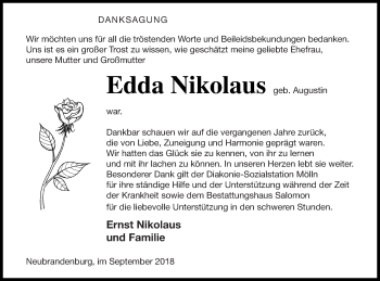 Traueranzeige von Edda Nikolaus von Neubrandenburger Zeitung