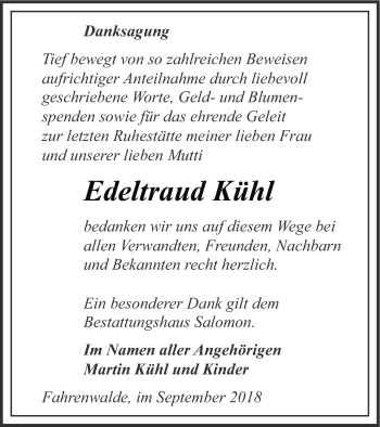 Traueranzeige von Edeltraud Kühl von Pasewalker Zeitung