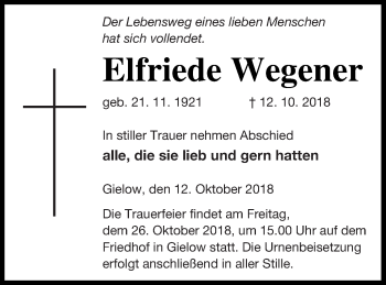 Traueranzeige von Elfriede Wegener von Mecklenburger Schweiz