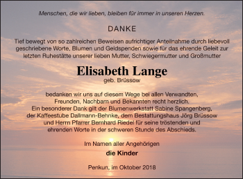 Traueranzeige von Elisabeth Lange von Pasewalker Zeitung