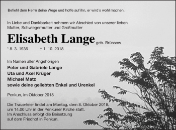 Traueranzeige von Elisabeth Lange von Pasewalker Zeitung