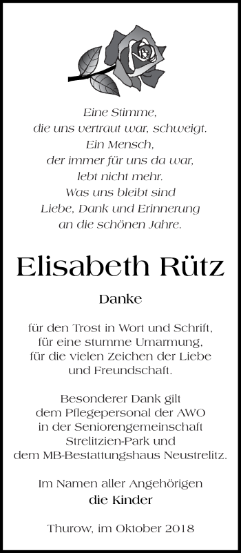 Traueranzeige von Elisabeth Rütz von Strelitzer Zeitung