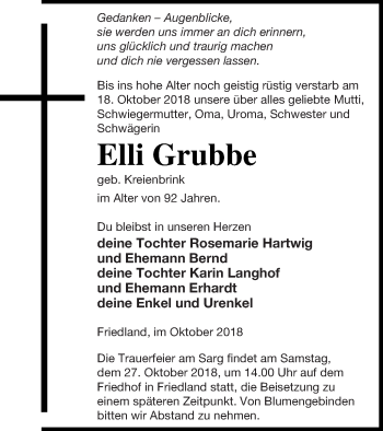 Traueranzeige von Elli Grubbe von Neubrandenburger Zeitung