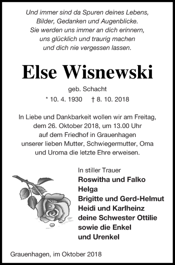 Traueranzeige von Else Wisnewski von Strelitzer Zeitung