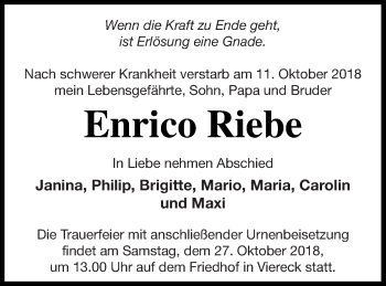 Traueranzeige von Enrico Riebe von Pasewalker Zeitung