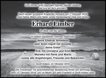 Traueranzeige von Erhard Limber von Templiner Zeitung