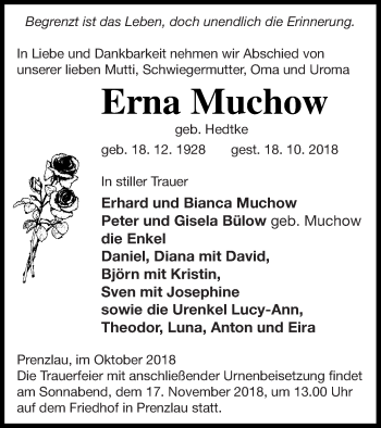 Traueranzeige von Erna Muchow von Prenzlauer Zeitung