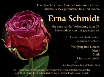 Traueranzeige von Erna Schmidt von Pasewalker Zeitung