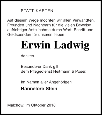 Traueranzeige von Erwin Ladwig von Müritz-Zeitung