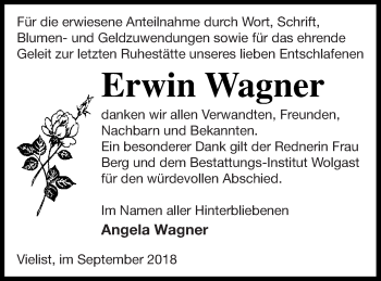 Traueranzeige von Erwin Wagner von Müritz-Zeitung