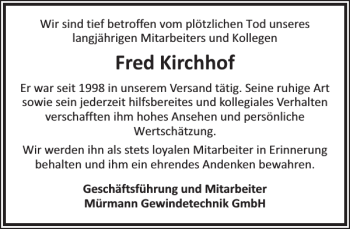 Traueranzeige von Fred Kirchhof von Hagenower Kreisblatt