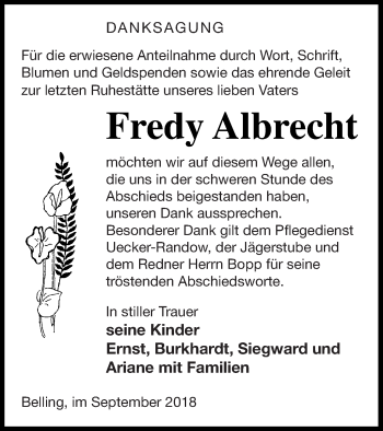 Traueranzeige von Fredy Albrecht von Pasewalker Zeitung