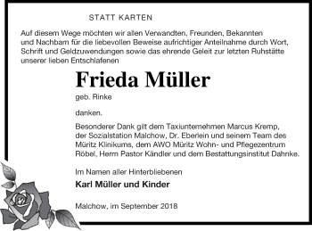 Traueranzeige von Frieda Müller von Müritz-Zeitung