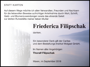 Traueranzeige von Friederica Filipschak von Müritz-Zeitung