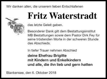 Traueranzeige von Fritz Waterstradt von Strelitzer Zeitung