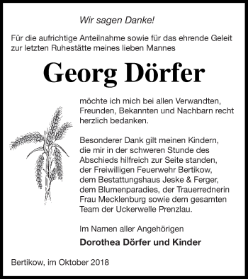 Traueranzeige von Georg Dörfer von Prenzlauer Zeitung