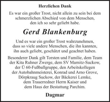 Traueranzeige von Gerd Blankenburg von Parchimer Zeitung