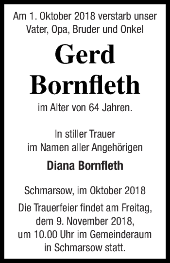 Traueranzeige von Gerd Bornfleth von Demminer Zeitung