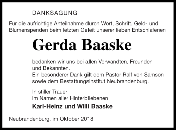 Traueranzeige von Gerda Baaske von Neubrandenburger Zeitung