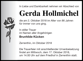 Traueranzeige von Gerda Hollmichel von Pasewalker Zeitung