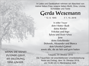 Traueranzeige von Gerda Wesemann von Neubrandenburger Zeitung