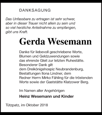 Traueranzeige von Gerda Wesemann von Neubrandenburger Zeitung