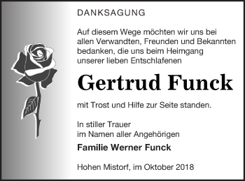 Traueranzeige von Gertrud Funck von Mecklenburger Schweiz