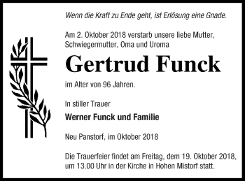 Traueranzeige von Gertrud Funck von Mecklenburger Schweiz