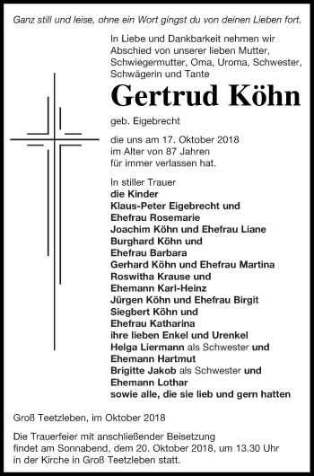 Traueranzeige von Gertrud Köhn von Neubrandenburger Zeitung