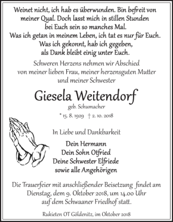 Traueranzeige von Giesela Weitendorf von Güstrower Anzeiger