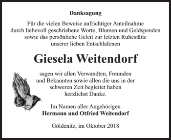 Traueranzeige von Giesela Weitendorf von Bützower Zeitung