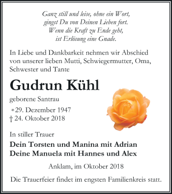 Traueranzeige von Gudrun Kühl von Vorpommern Kurier